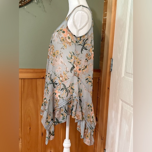 Anthro MAEVE Floral Sheer Sleeveless Tunic Gray Peach Ruffle Size Small - Picture 3 of 11